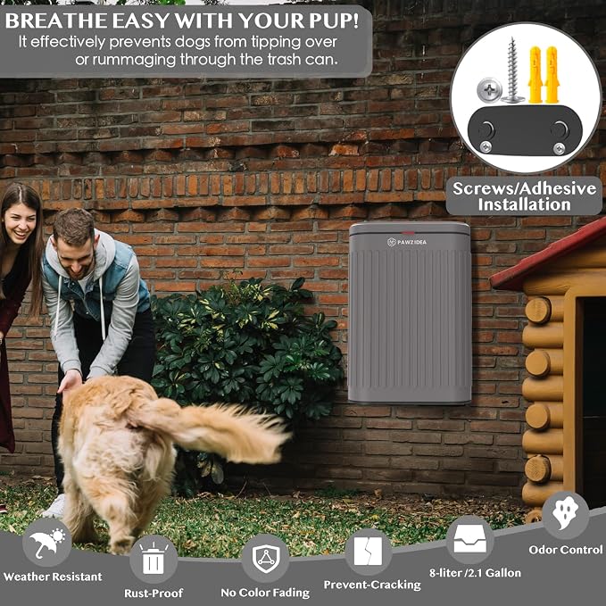 PAWZIDEA 2.1 Gallon Wall Mount Dog Poop Trash Can Outside Odor Control, Outdoor Small Metal Dog Proof Waste Station with Lid & Activated Carbon, Weatherproof Pet Poop Bin Hang Fence, Backyard, Garbage