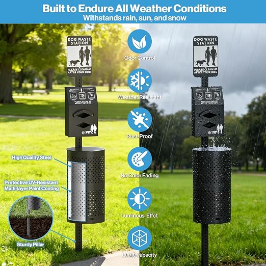 POCHAR Dog Waste Station, 10 Gallon Locking Bin with 600 Bags | Aluminum outdoor Trash Can, Waterproof Poop Disposal Bin with Sign and Lid for Park, Trail, Yard (Black)