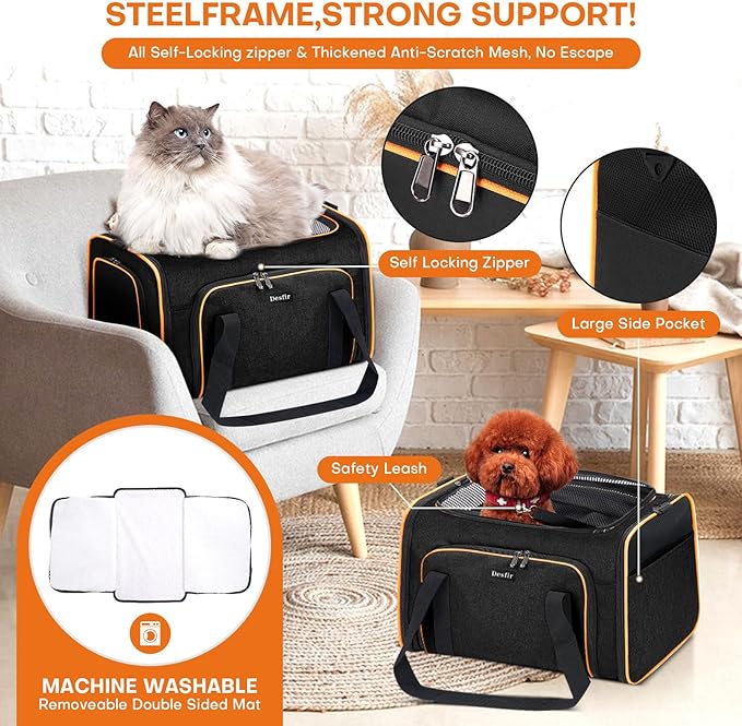 Pet Carrier, Large Soft Sided Expandable Travel Carrier with Steel Frame, Anti-Scratch Mesh, Removable Fleece Pad and Pockets for Cats, Dogs and Small Animals up to 15 lbs (Black, 5 Sides Expandable)