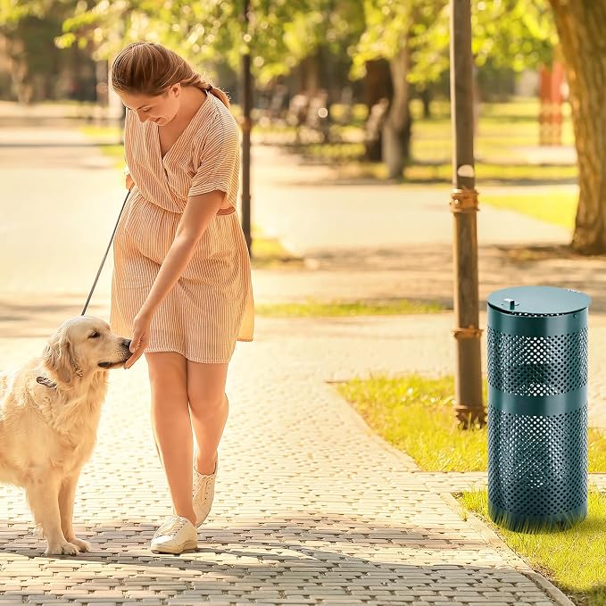 Dansydaisy Round Outdoor 8 Gallon Capacity Trash Can with Lid for Dog Waste Station - Rust Free UV Powder Coated - Designed to Mount on Any Post or Wall (Green)