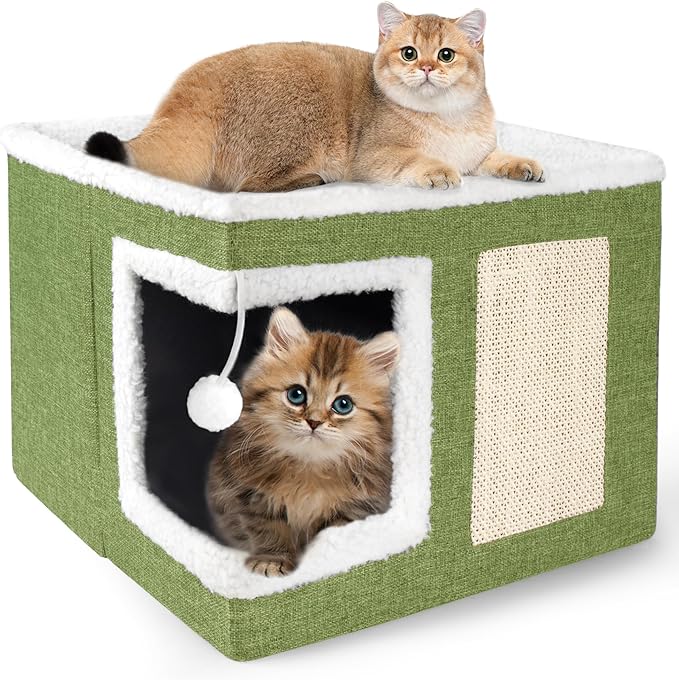 Loyareal Cat Houses for Indoor Cats - Large Cat Bed Cave with Scratch Pad and Fluffy Ball, Foldable Cat Condo Hideaway with Reversible Cushion for Multi Small Pet, Green
