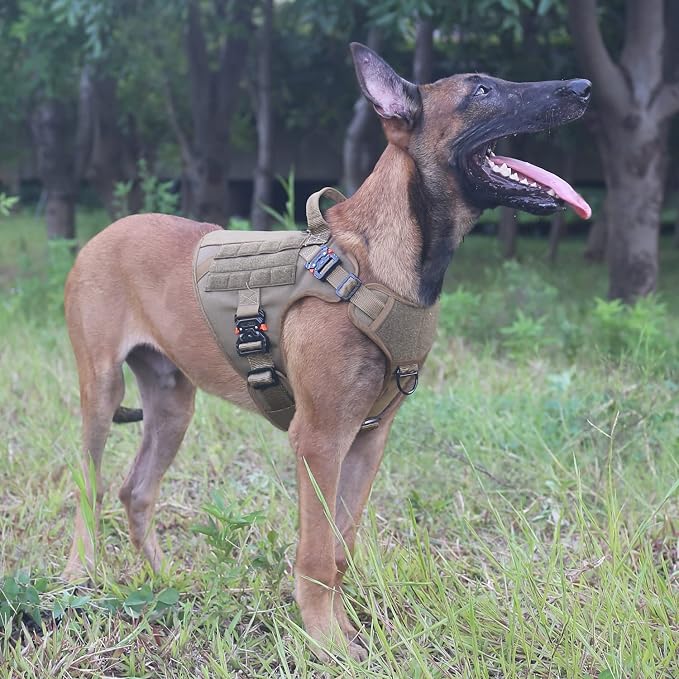 ICEFANG Tactical Dog Harness for X-Large Dogs,Full Metal Buckles Dog Vest | with MOLLE, Reflective,Adjustable,2 Leash Clips,Control Handle,No Pull,Soft Padded,Brown,X-Large