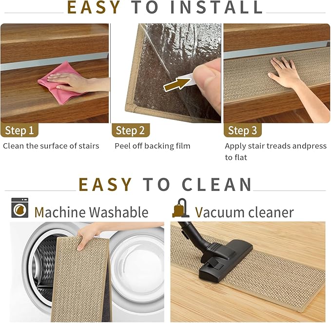 Stair Treads Non Slip for Wooden Steps Indoor 9" x 30" 4 Pack Extra Wide Stair Tread Carpet Stairs Runner, Step Pads with Reusable Adhesive for Dogs Kids Elders, Machine Washable, Beige