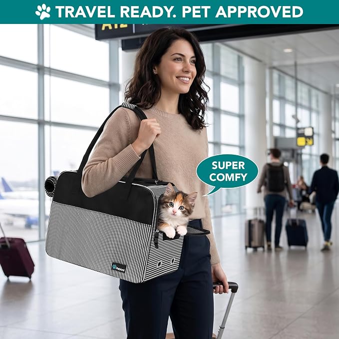PetAmi Dog Purse Carrier for Small Dogs Cats, TSA Airline Approved Soft-Sided Pet Carrier with Pockets, Ventilated Travel Tote Bag with Bed & Shoulder Strap, Puppy Kitten, Max 12 lbs, Stripe Black