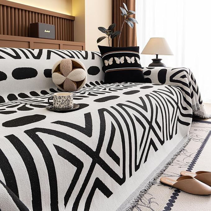 VClife Bohemian Couch Cover Western Aztec Sofa Cover for 2 Cushion Couch Sofa Washable Chenille Sofa Slipcover Boho Non Slip White Black Geometric Couch Slip Cover for Sectional Sofa 71''x118''