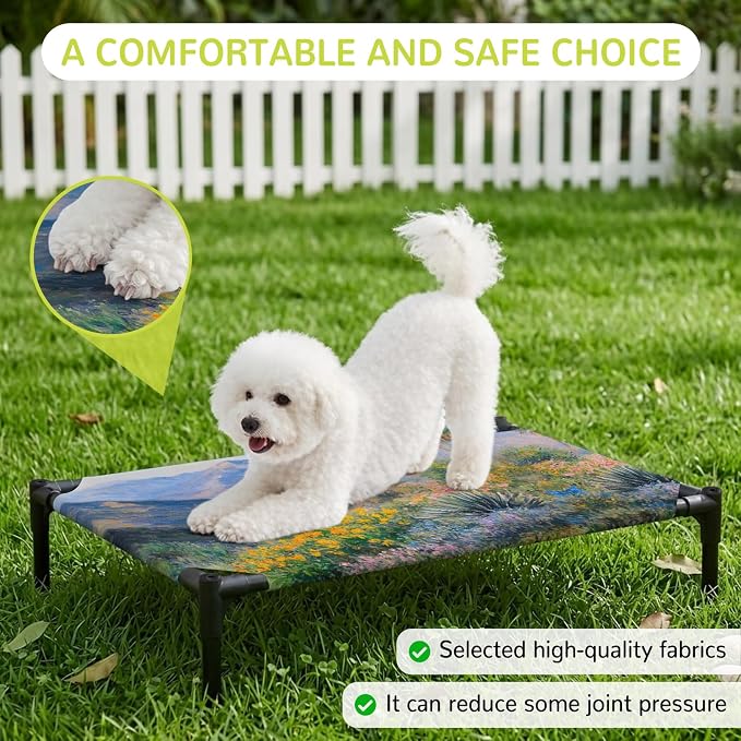 Outdoor Elevated Dog Bed for Large Dogs, Tropical Mountain Breathable Cooling Raised Dog Cot for Indoor/Outdoor, Farmhouse Nature Trees Flowers Blue Sky Waterproof Elevated Pet Beds, L 28 x 22 in