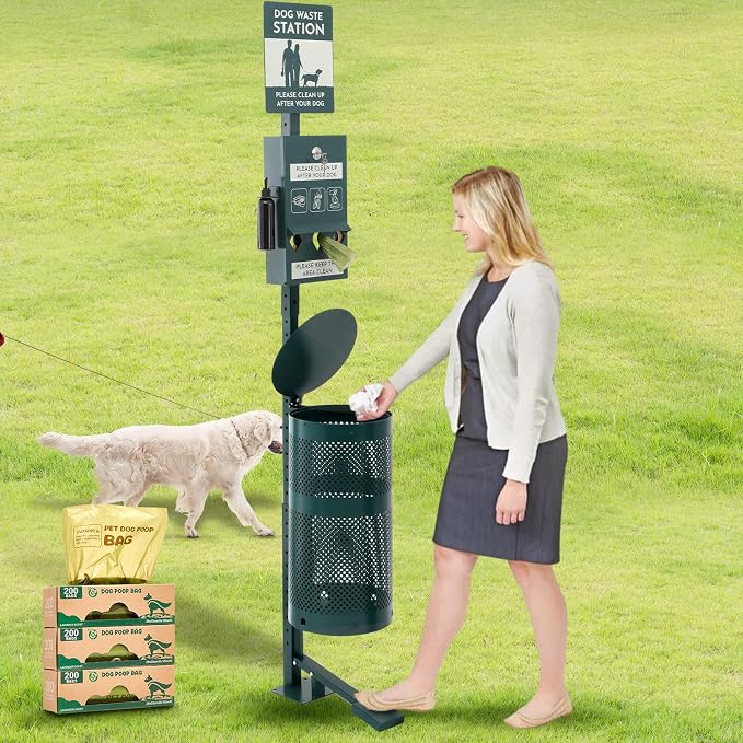 Qinyoung Pet Waste Station, Includes 600 Roll Bags, Dog Waste Station with Foot Pedal, Dog Poop Sign, Bag Dispenser, Hand Sanitizer Bottle and Covered Outdoor Trash Can for Parks, Trails Outdoor