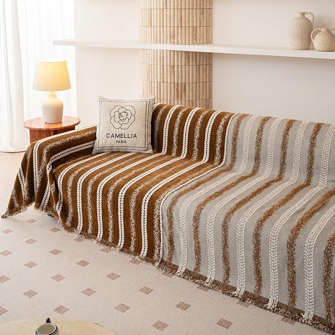 VClife Sofa Cover Bohemian Striped Pattern Couch Cover for 2 Cushion Sofa - Caramel Brown Creamy White Textured Sofa Slipcover Washable Furniture Protector for Couch Decorative Couch Cushion Cover