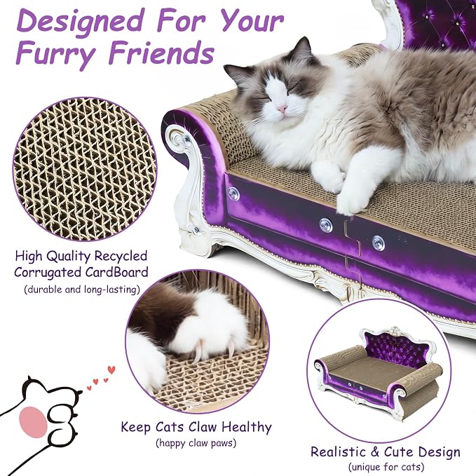 Luxury Cardboard Cat Scratcher Sofa Bed, Couch Shaped Cat Scratching Board, Cat Scratch Lounge with Catnip, Cat Scratcher for Indoor Cats (Purple Crown)