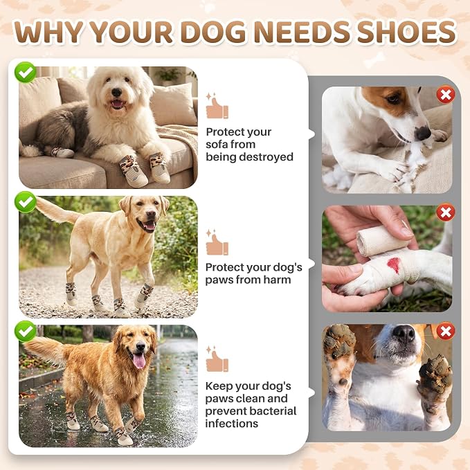SlowTon Dog Shoes for Large Small Medium Dogs - Breathable Dog Boots for Summer Hot Pavement, Paw Protector for Outdoor Walking Winter Snow, Anti-Slip Rubber Dog Booties for Hardwood Floor (LP BG, 4)