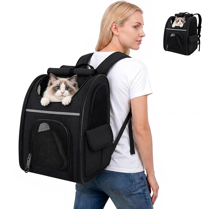 Expandable Cat Backpack Carrier Airline Approved Pet Travel Backpack with Breathable Mesh, Large Space, Safety Leash, Comfortable Padded Straps, Foldable Soft Pet Carrier for Hiking Vet