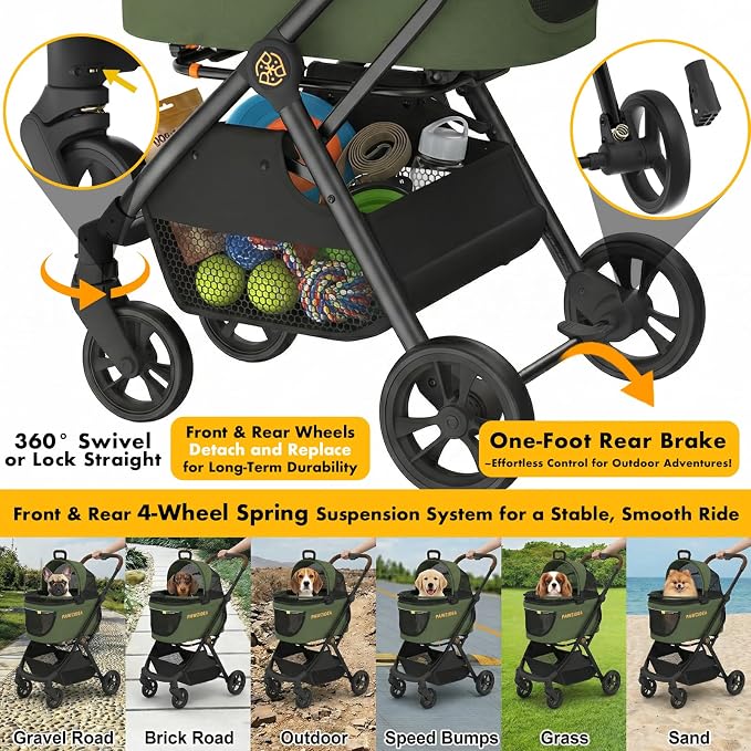 PAWZIDEA Pet Stroller 4 in 1, Foldable Cat Stroller with Detachable Carrier for Small Medium Dogs & Cats, Escape-Proof No-Zip Canopy, Lightweight Portable Travel Crate & Car Seat Combo, Storage Basket