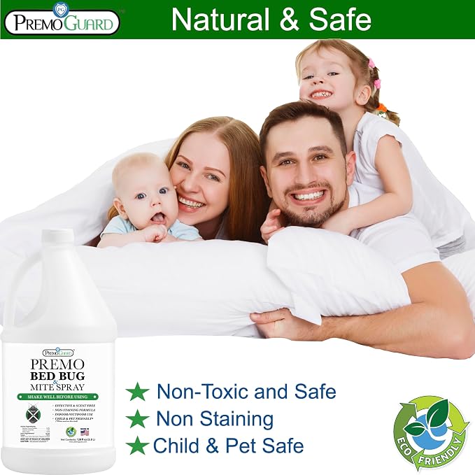 Premo Guard Bed Bug & Mite Killer Spray - 100% Kill Rate Formula, 128 oz | University Tested, Safe for Bedding, Furniture, Fabrics, and Clothing, Non Toxic, Stain & Scent Free, Child & Pet Safe