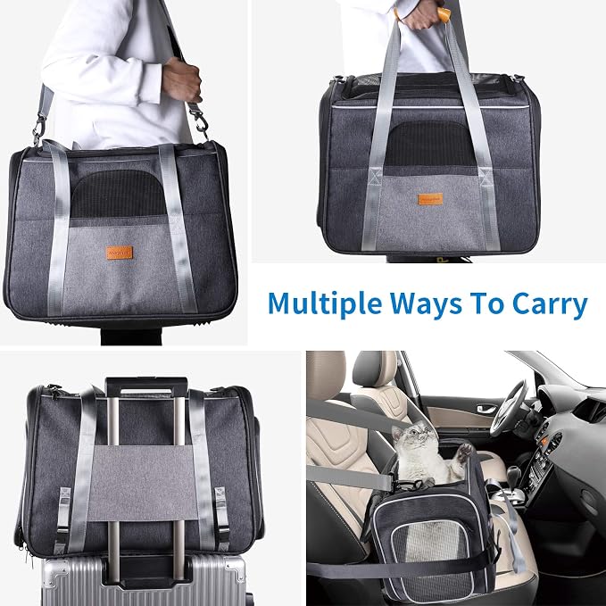 Morpilot Top and Side Expandable Cat Carrier, Collapsible Soft-Sided Pet Carrier for Medium/Large Cats and Puppies up to 20lbs for Car Rides and Vet Visits, with Dual-Sided Cushion& Bowl (Brown)