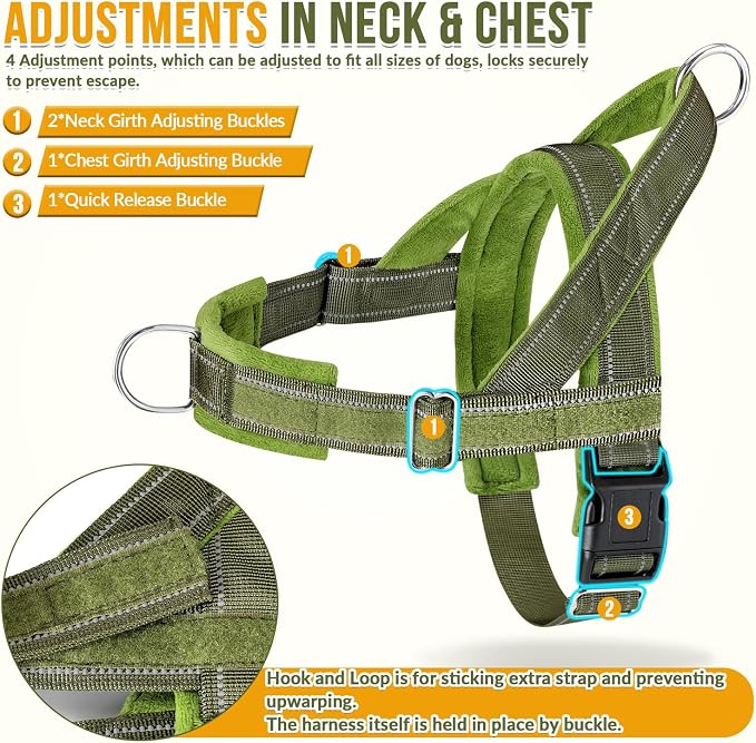 SlowTon No Pull Dog Harness with Front Clip - Heavy Duty, Soft Padded | Neck & Chest Adjustable, Tactical Pet Vest and Leash Set for Large Medium Sized Dogs, for Easy Walk & Training, Green S