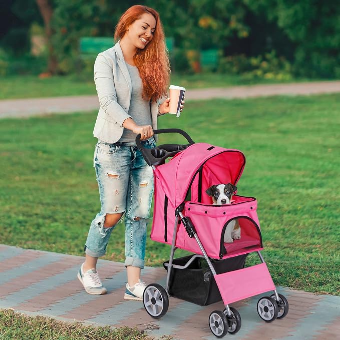 4 Wheels Dog Stroller Folding Pet Strolling Cart for Small Medium Cats Puppies Portable Jogger Travel Camping Puppy Carrier with Storage Basket Cup Holder, Pink