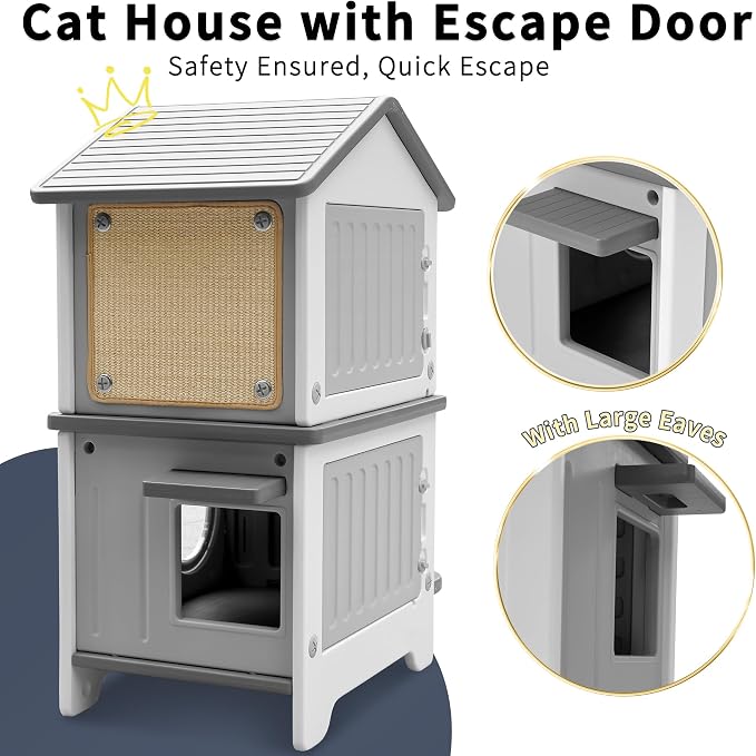 Rockever 2-Story Outdoor Cat House, Waterproof Cat House for Outdoor Cats | With Escape Door, Elevated Outside Cat House with Cat Bowls & Scratch Pads, Clean Easily(Grey)