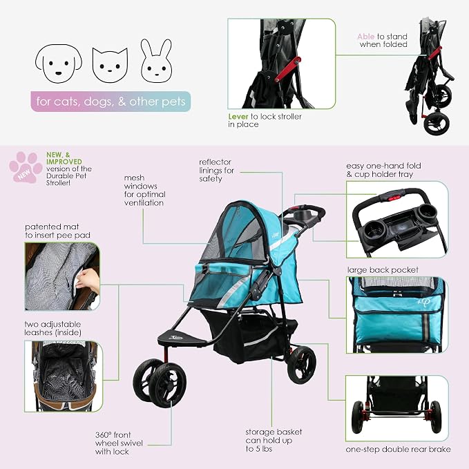 Petique Revolutionary Durable Pet Stroller, Easy Fold, Quality mesh Windows, Large Storage Basket, Secure Cup Holder Tray, Small/Medium Dogs, Cats and Pets, Supports up to 55LBS - Venus (Teal)