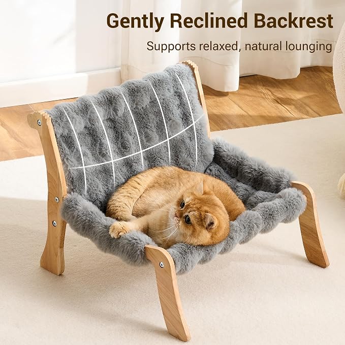 Solid Wood Cat Couch Bed for Indoor Cats, Modern Cat Sofa with Ultra-Soft Plush Surface Washable, Reclined Backrest, Elevated Plush Cat Lounge for Small to Adult Cats, Frost Gray