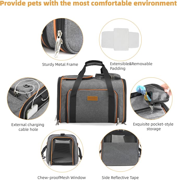 Cat Carrier,Portable Pet Carrier Bag for Cats and Small Dogs,Foldable Soft-Sided and Scratch-Proof mesh Cat Bag Pet Carriers,Airline Approved Pet Carrier,Pet Travel Carrier Up to 15 Lbs,Grey
