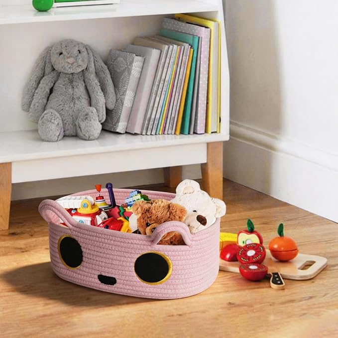 Pink Cat Toy Basket, Small Woven Cat Toy Storage Box with Cute Ears Handle Indoor, Cotton Rope Storage Bin with Embroidered Face for Home Decor, Pet Bed, Baby Nursery Kids Room Organization