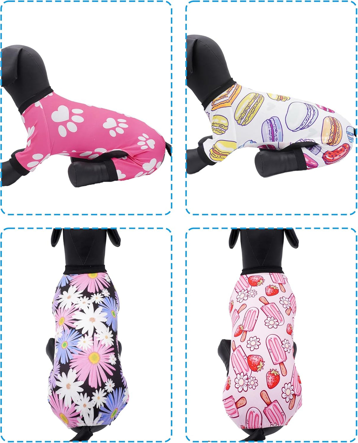 PET SHOW 4 Pack Small Dog Pajamas Girl Doggies Soft Stretchy PJs Floral Paw Jumpsuit Puppy Cats Kitten Doughnut Ice Cream Onesies Outfits with Sleeve Pets Breathable Summer Clothes Costume XS