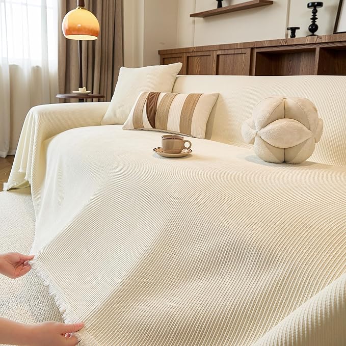 VClife Vintage Creamy White Striped Couch Cover with Tassel, 71" X 134" | Soft Thick Chenille Couch Covers for 3 Cushion Couch Sofa, Washable Sofa Covers for Sectional Sofa, Fade & Shrink Resistant