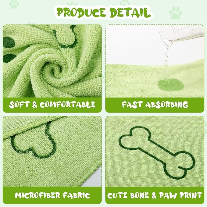 Tatuo 22 Pcs Dog Towels for Drying 20 x 40 Inch Pet Bath Towels Absorbent Microfiber Towel Quick Drying Puppy Bathing Supplies for Small Medium Large Dog Puppy Cat(Green,Bone Pattern)