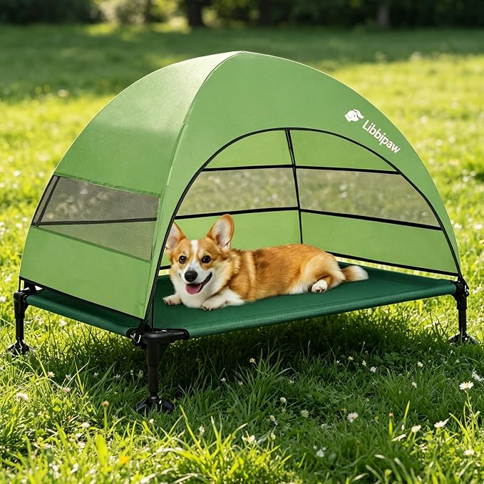 Outdoor Elevated Dog Bed with Canopy for Large Dogs, Green, L | Breathable Raised Cot with Shade, Tool-Free Setup for Patios, Backyards and Camping