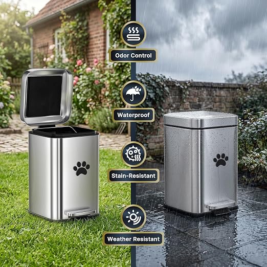 Small Dog Poop Trash Can Outside with Odor Control Lid, 5L/1.3Gal Metal Step Pedal Waste Bin & Removable Inner Bucket, Includes 30 Trash Can Bags, Indoor/Outdoor/Yard Dog Waste Trash Can (Silver)