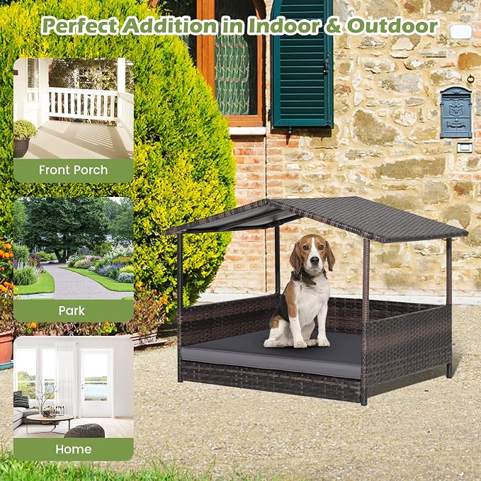 Tangkula Wicker Dog House, Indoor Outdoor Raised Rattan Dog Bed w/Removable Cushion, Washable Cover, Weatherproof Roof, Rattan Puppy Shelter w/Elevated Floor for Small Medium Dogs (Grey)
