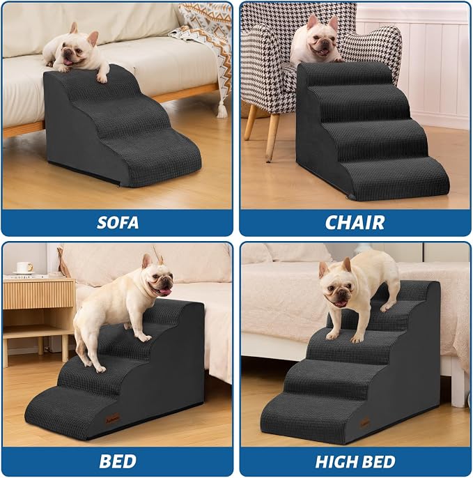 Aodisman Dog Steps for Bed or Couch,4-Step Pet Stairs Ramp for Small Dogs | 17.4" H Indoor Non-Slip Dog Stairs Help Senior Dogs,Short-Legged Breeds,Puppies and Cats to Reach Beds and Chairs,Grey,Black