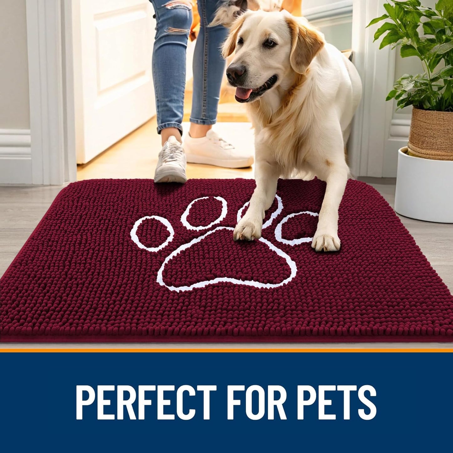 OLANLY Door Mat for Muddy Dog Paws 70x24, Ultra Absorbent Chenille Mud Doormat with Paw Print Design, Non-Slip Washable Doormat for Indoor Entryway, Quick-Dry Pet Bed Mats for Dirty Dogs, Burgundy