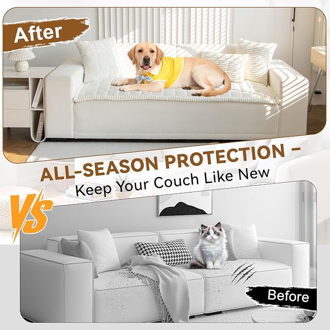 OTOB Couch Cover for Dogs Washable, Non Slip Plush Sofa Covers for 3 Cushion Couch, Fuzzy Pet Friendly Mat Bed Furniture Protector Sofa Slipcover, All Seasons (Cream, 27.6" x 70.9")