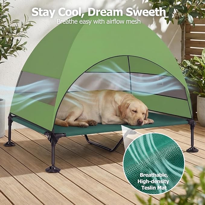 Elevated Dog Bed with Upgraded Canopy, Raised Outdoor Dog Tent with Powerful Anti-Slip Feet, Portable Pet Cot with Larger Shade, Raised Cooling Bed for Camping, Backyard, Beach, Poolside