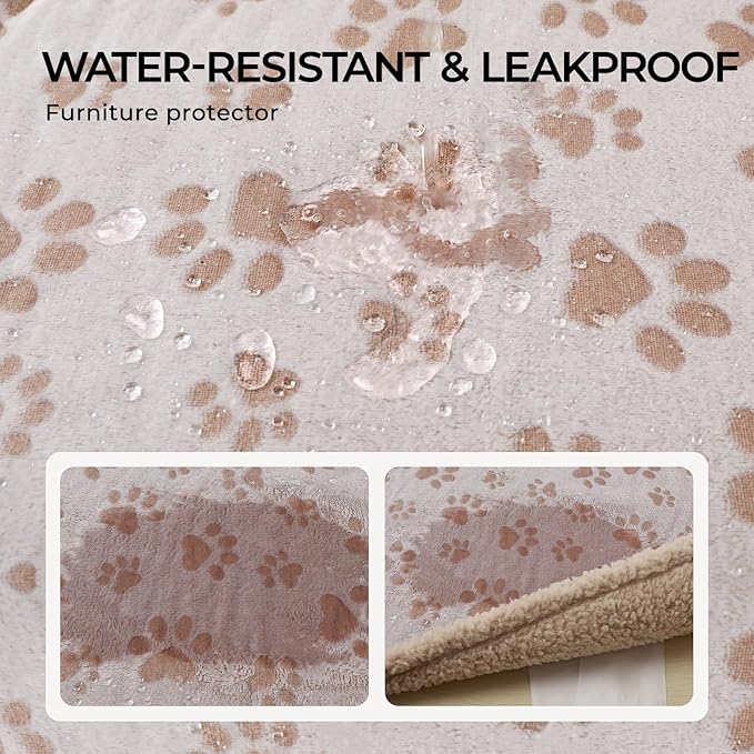 Luciphia Waterproof Pet Blankets Whith Paw Print for Couch Sofa Bed Cover, Liquid Pee Proof Soft Fluffy Dog Blanket Washable, Reversible Furniture Protection Puppy Cat, Khaki, X-Large（85" x 57"）