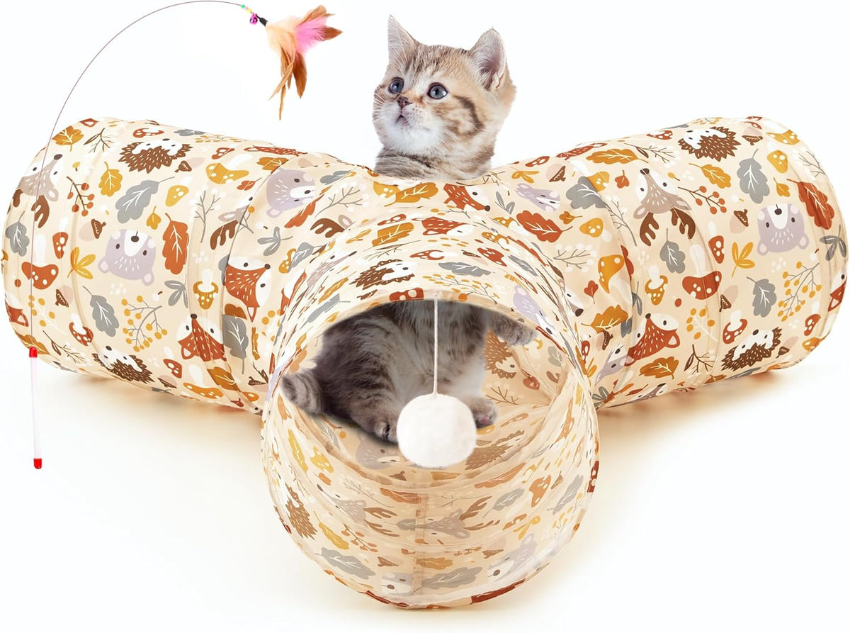 Tempcore Pet Cat Tunnel Tube Cat Toys 3 Way Collapsible, Cat Tunnels for Indoor Cats，Kitty Tunnel Bored Pet Toys Peek Hole Toy Ball Puppy, Kitty, Kitten, Rabbit Beige Deer