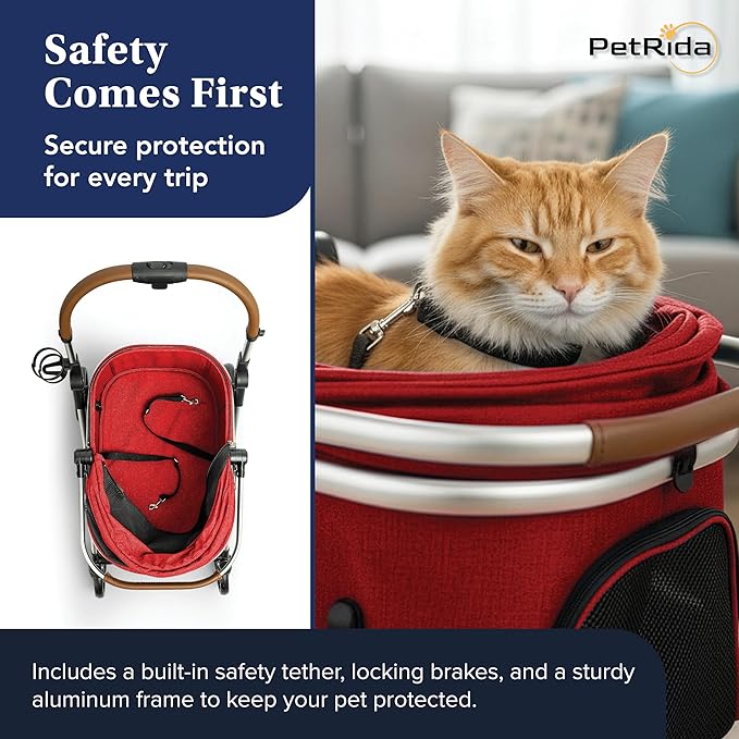 Luxury Pet Stroller with Detachable Carrier | Lightweight Design with Easy One-Hand Fold & Spacious Storage Basket | Safe & Comfortable Travel for a Small to Medium Dog or Cat, Red