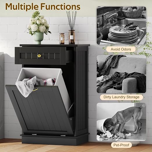 10 Gallon Tilt Out Trash Can Cabinet with Drawer Hidden Trash Cabinet Black | Cabinet with Drawers for Kitchen, Bathroom and Laundry Room