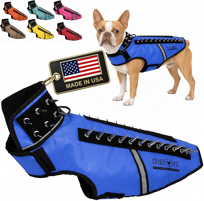 CoyoteVest SpikeVest Dog Harness, Made in the USA, M-Royal Blue | Stab-Resistant Protective Vest | Coyote Vest for Dogs | Defends Against Coyotes, Dogs, Birds of Prey | Reflective Safety