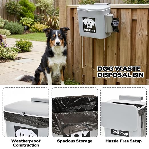 Rainmae Dog Poop Trash Can Outside, Dog Poop Trash Can, 2 Gallon Hanging Dog Poop Bin with Lid and Trash Bag Dispenser, Plastic Garbage Container for Fence, Counter Top, Yard and Outdoor Activities