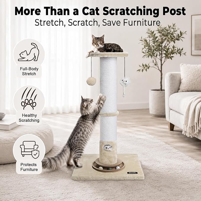 35-Inch Tall Cat Scratching Post, Stable Base for Large Cats, Beige | Heavy-Duty, Soft Natural Cotton Rope Cat Scratcher, Interactive Cat Toys, Wooden Ball Track, for Kittens and Indoor