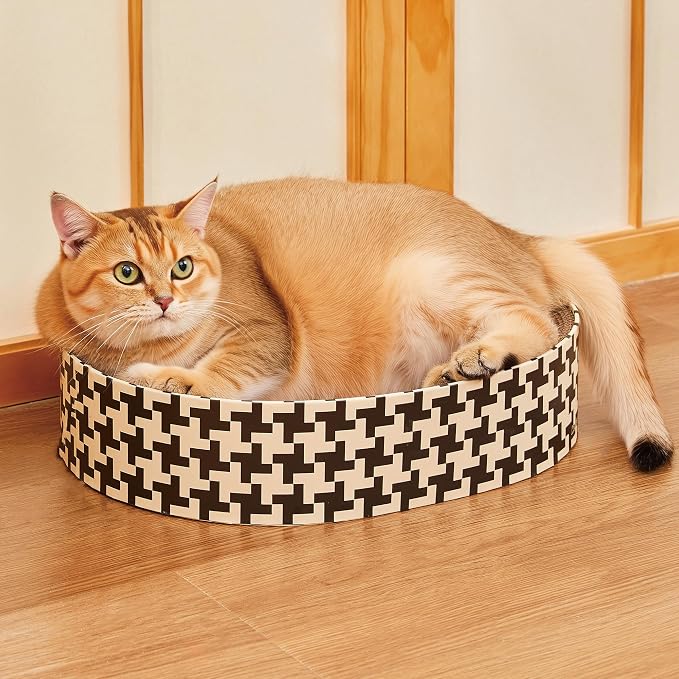 2-in-1 Cat Scratcher Cardboard Bed, Round Cat Scratching Pad Bowl for Indoor Cats, Durable Corrugated Circle Cat Scratcher Lounge, Cozy Oval Cat Scratch Bed Furniture for Kittens & Medium Size Cats