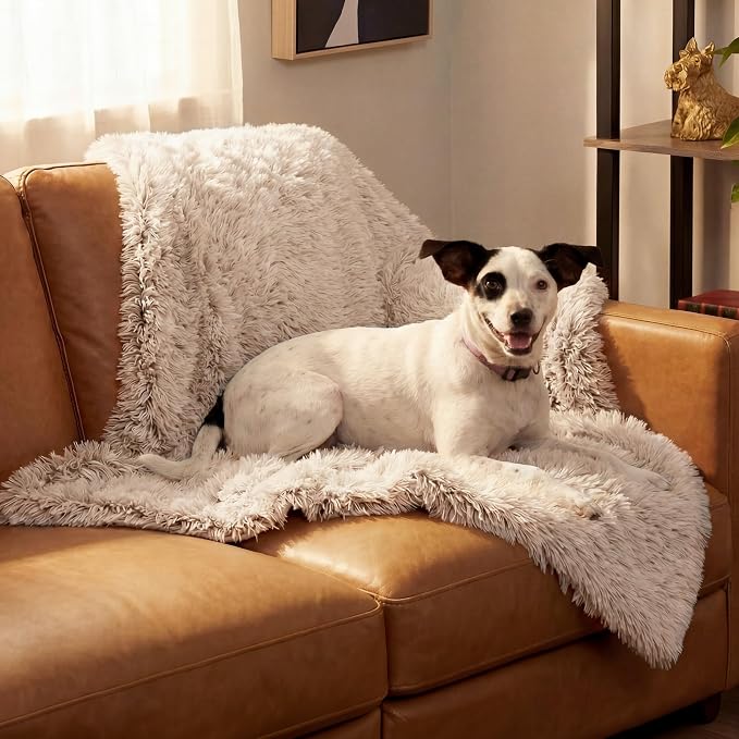 Furhaven Waterproof Throw Blanket for Dogs & Indoor Cats, Washable - Shaggy Plush Calming Long Faux Fur & Velvet Dog Blanket - Taupe, Medium