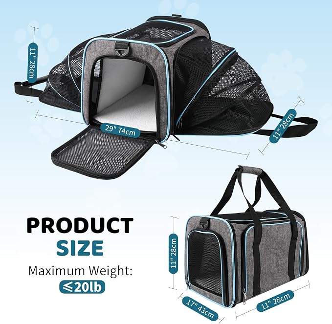 Cat Carrier - Airline Approved Expandable Soft Side Pet Carrier, Collapsible Pet Travel Bag Carrier with Foldable Pet Bowl for Cat Small Animals Under 14LB, 17 * 11 * 11