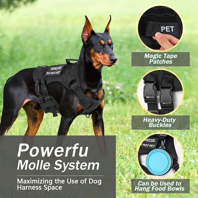 No Pull Tactical Dog Harness for Large Dogs, Service Dog Vest, XL, Black | Tactical Dog Vest Harness and Leash Set, Adjustable Military Service Dog Harness with Handle for Medium Large Dogs