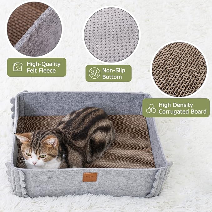 Cat Lounge Scratcher Box with Removable Cardboard (Grey) | High-density Corrugated Cardboard with Double-sided Use, Soft Felt Fabric, Release Stress and Protect Furniture