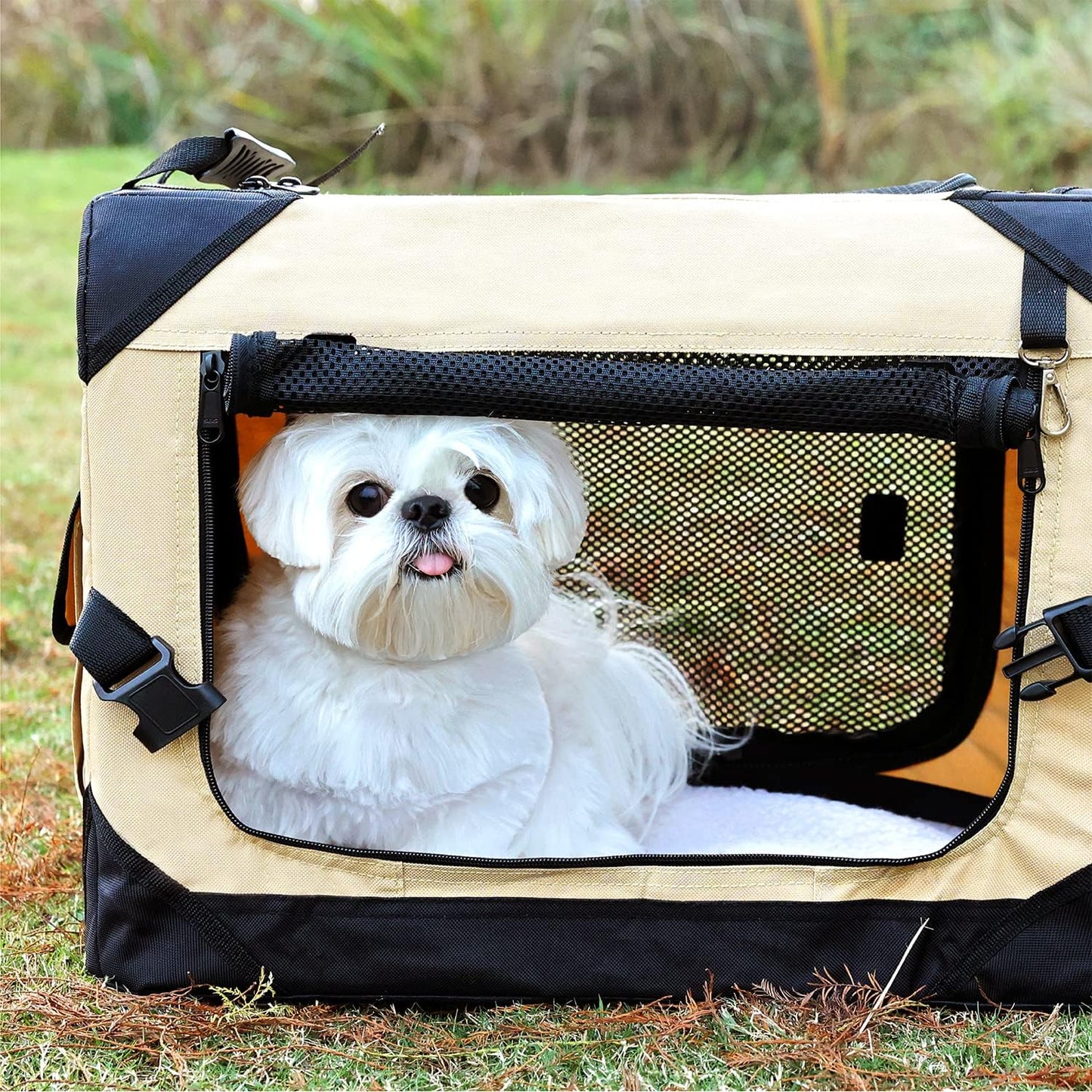 Pettycare 42 Inch Collapsible Dog Crate for Large Dogs, 4-Door Foldable Soft Kennel With Chew Proof Mesh Windows, Indoor & Outdoor Travel, Beige