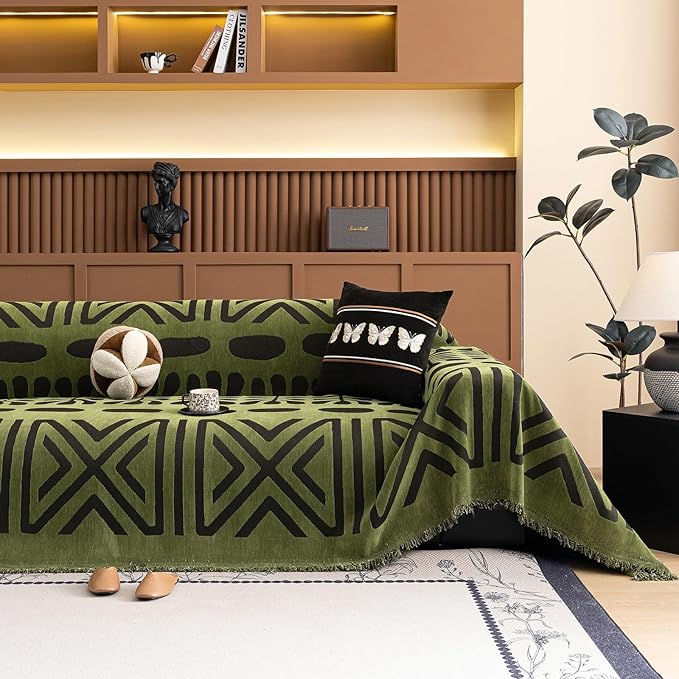 VClife Bohemian Green and Black Couch Cover Western Aztec Sofa Cover for 2 Cushion Couch Sofa Washable Chenille Sofa Slipcover Boho Non Slip Geometric Couch Covers for Sectional Sofa 71''x118''