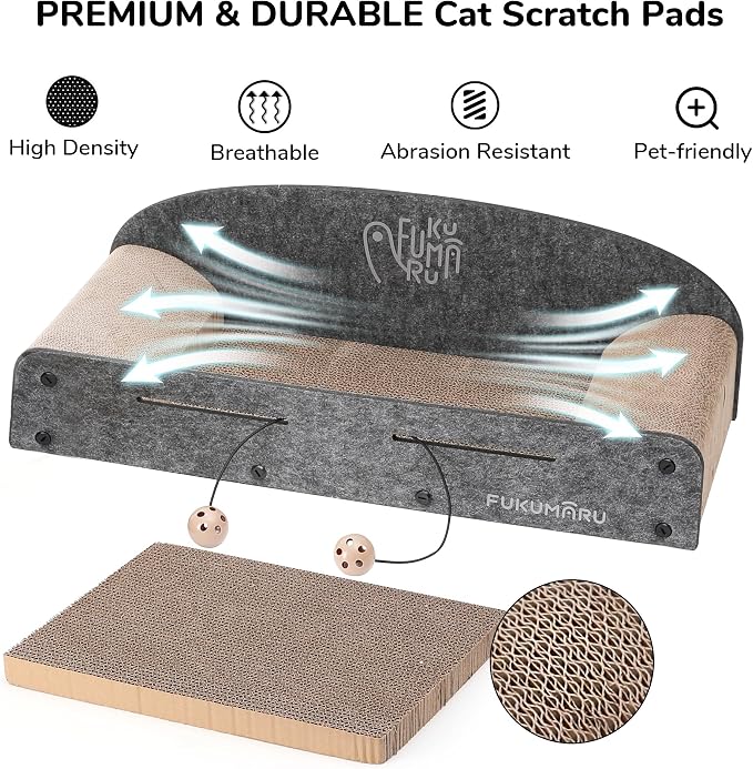 FUKUMARU 26 Inch Large Cat Scratcher Bed, 2 Reversible Cardboard Cat Scratch Pads Refill for Indoor Cats, Durable Cats Scratching Bed Sofa Couch Lounger with Fun Toys, Furniture Protector, Grey